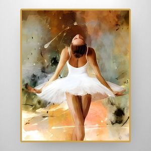 White Dress Ballerina Paintings Art Print Framed 11x8.5 Gold Format